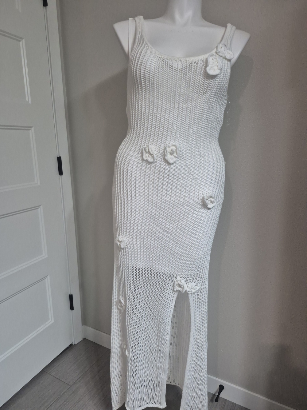 White Knit Maxi Dress with Floral Crochet Appliqués